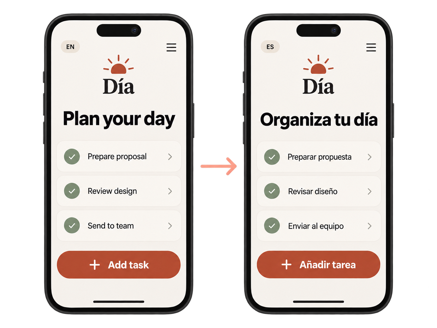Fictional Día planning app on two phones: Plan your day in English and Organiza tu día in Spanish, with the same tasks and layout.