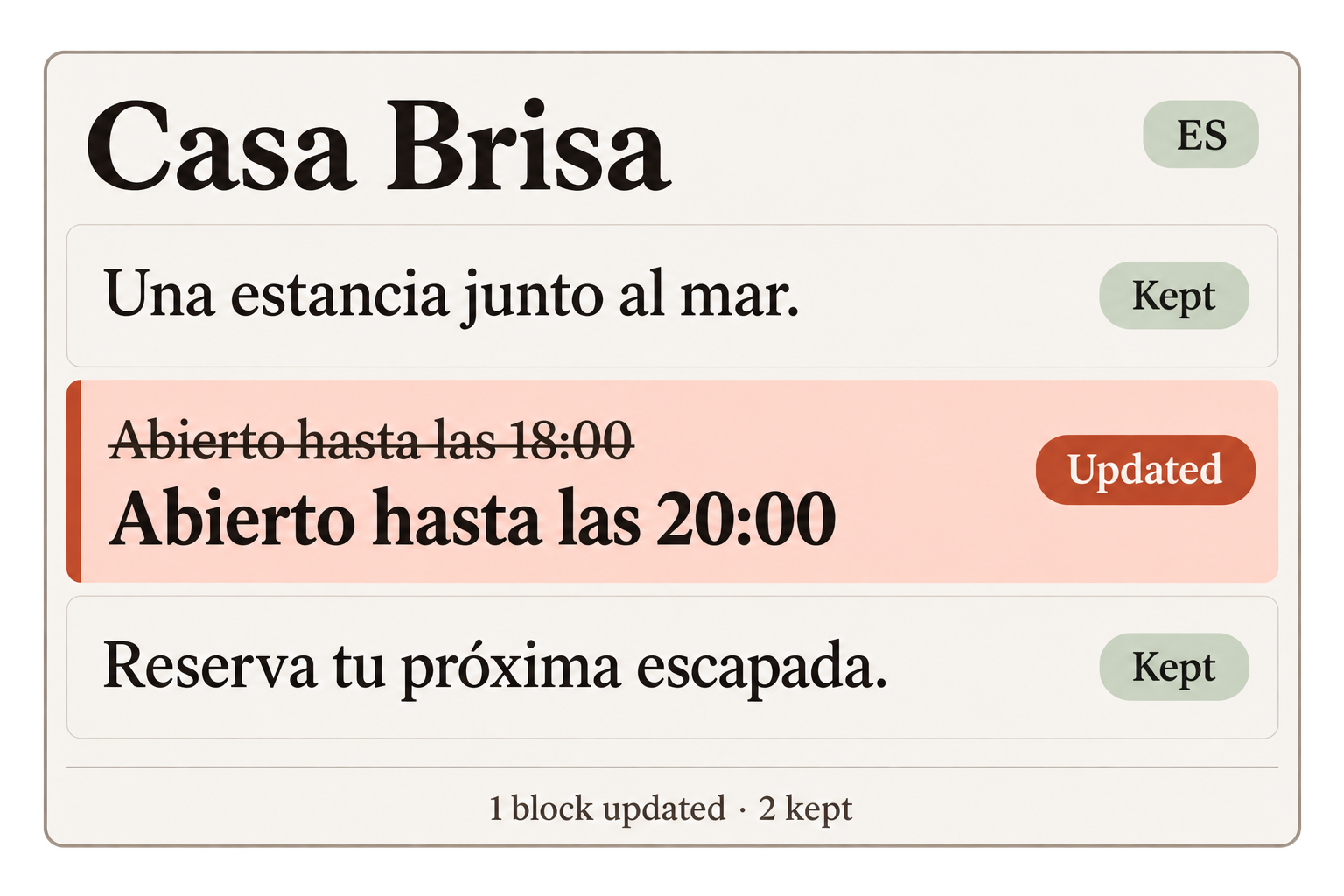 Illustrative Spanish translation of Casa Brisa: the opening time changes from 18:00 to 20:00, while the welcome and booking paragraphs are kept.